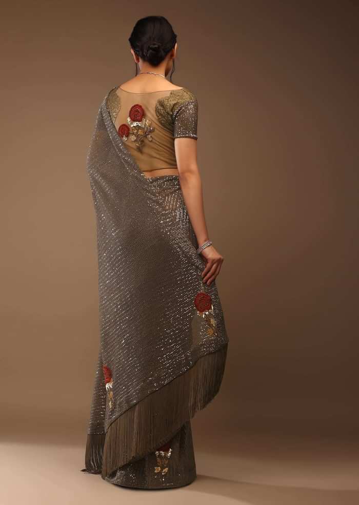 Deep Mahogany Brown Saree With Multi-Colored Sequins Floral Motifs Embroidery