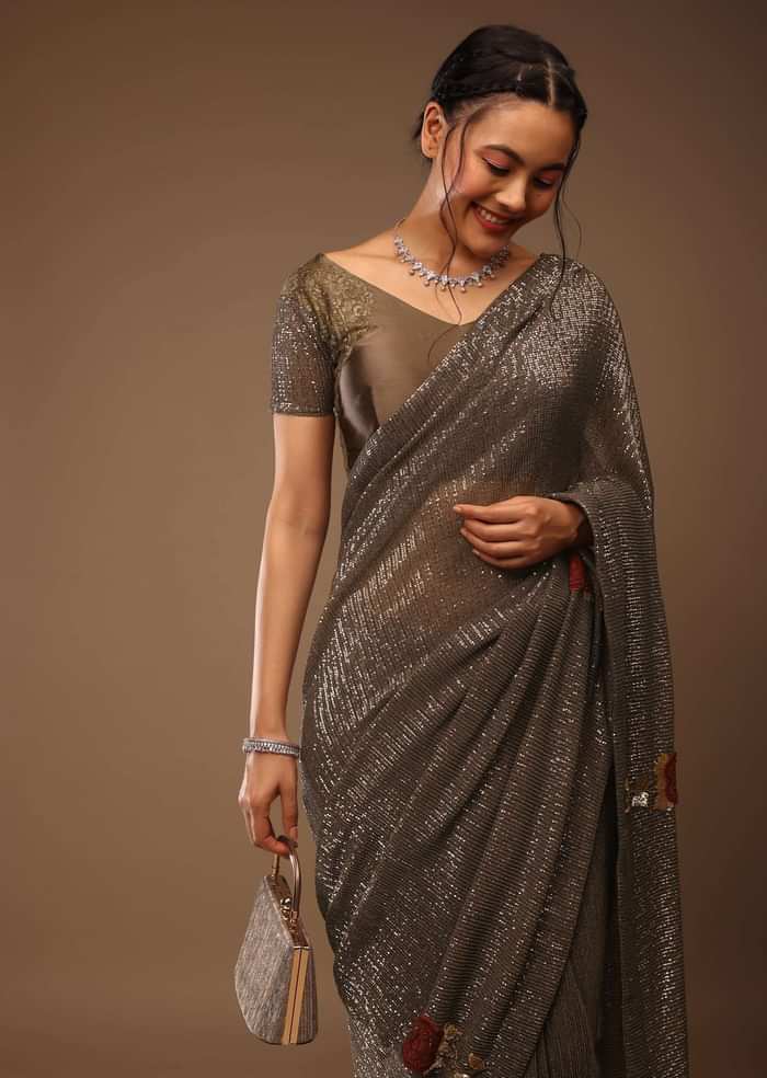 Deep Mahogany Brown Saree With Multi-Colored Sequins Floral Motifs Embroidery