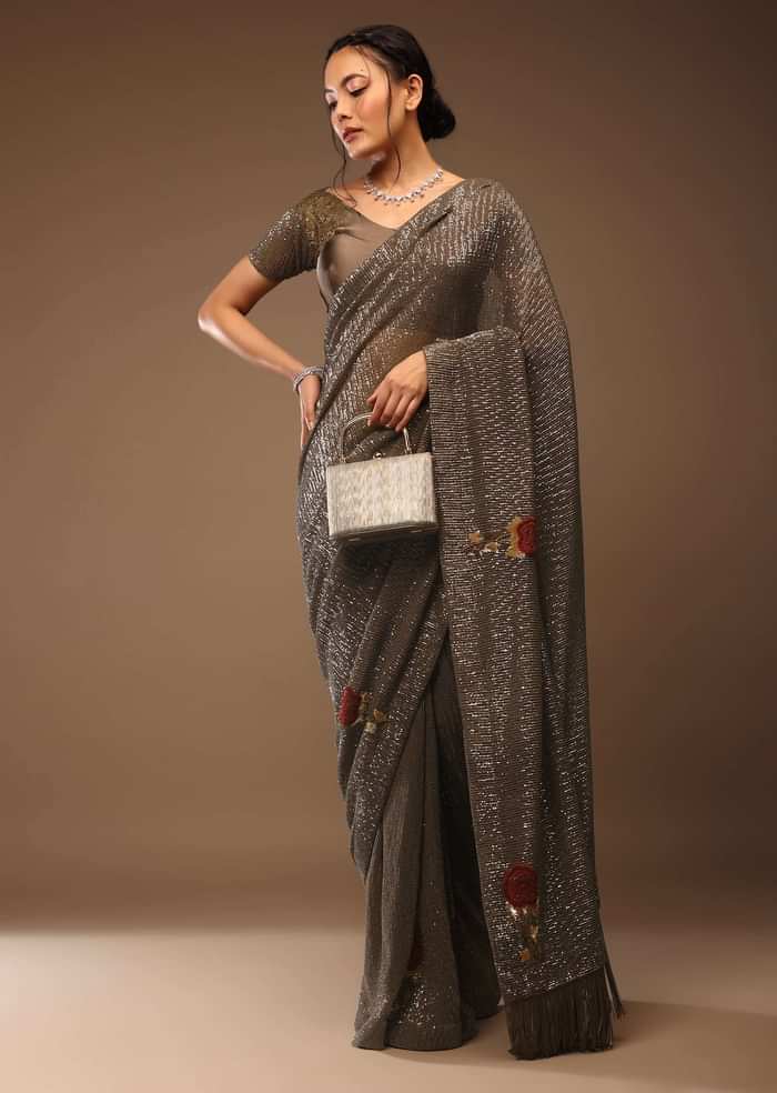 Deep Mahogany Brown Saree With Multi-Colored Sequins Floral Motifs Embroidery