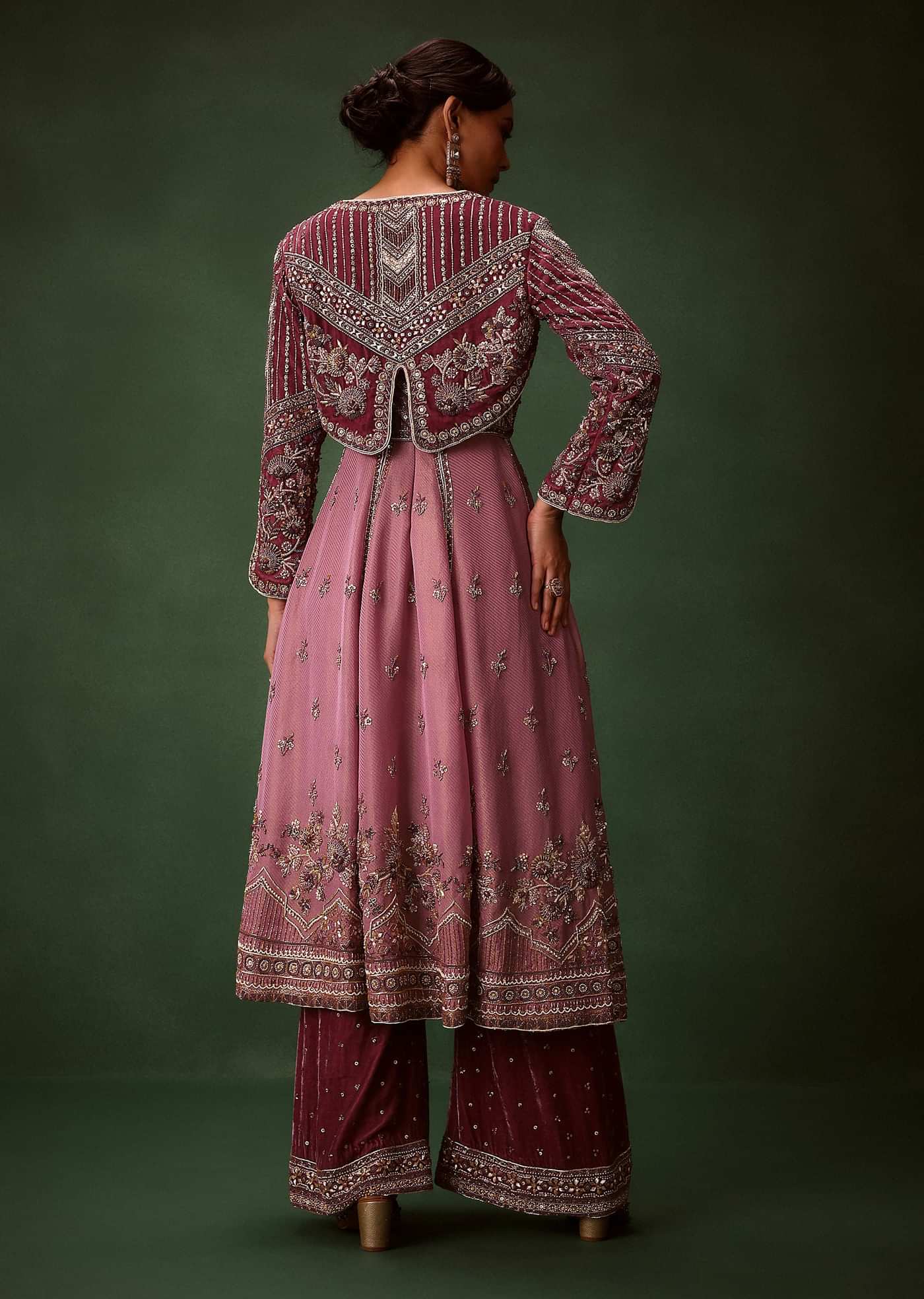 Deep Mauve Anarkali Suit Set With Velvet Pants And Embroidered Jacket