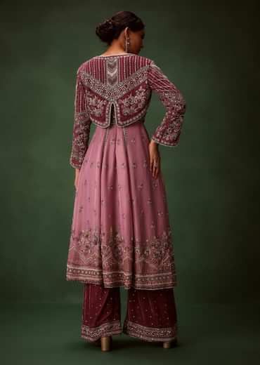 Deep Mauve Anarkali Suit Set With Velvet Pants And Embroidered Jacket