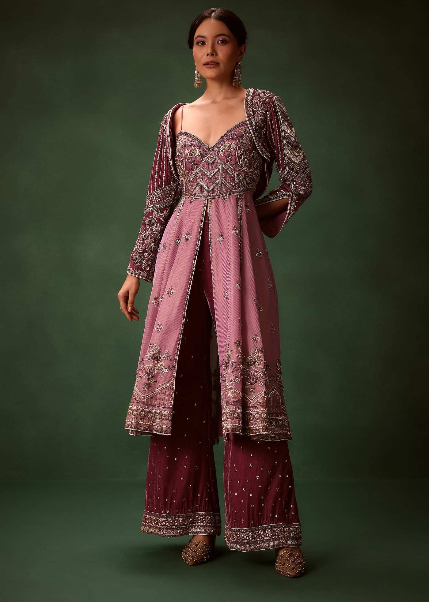 Deep Mauve Anarkali Suit Set With Velvet Pants And Embroidered Jacket