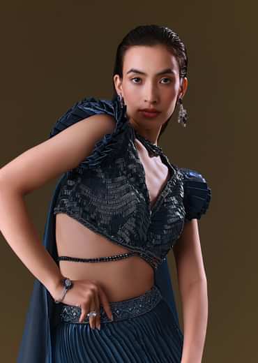 Deep Navy Blue Double Layered Lehenga With Choker Dupatta