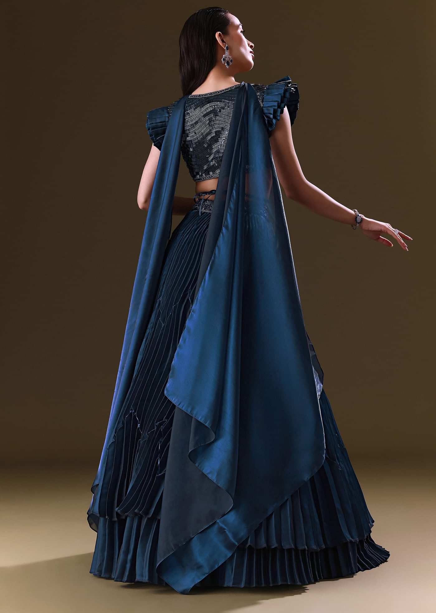 Deep Navy Blue Double Layered Lehenga With Choker Dupatta