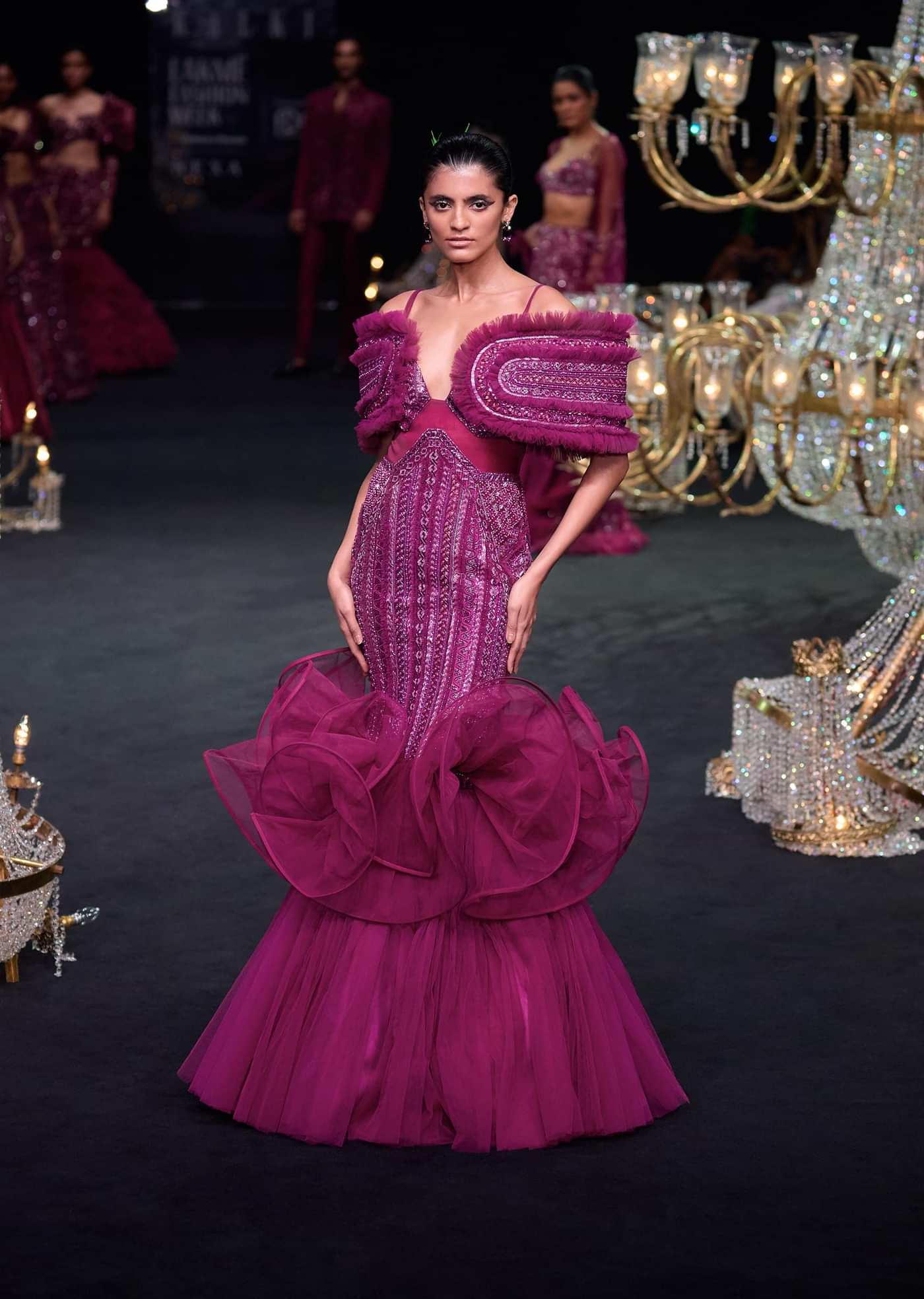 Deep Purple Organza Fish Cut Gown With 3D Ruffles