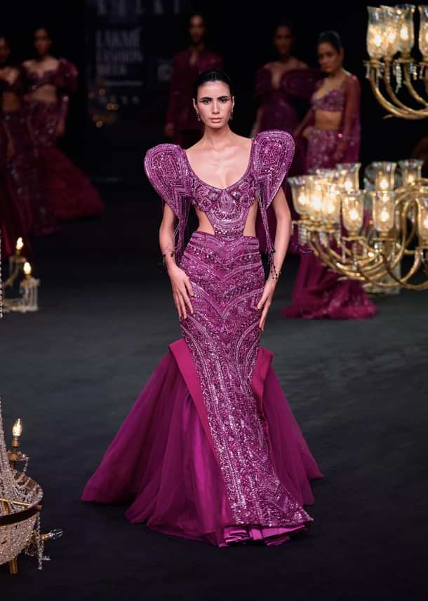 Deep Purple Organza Fishcut Gown With 3D Tassel Sleeves