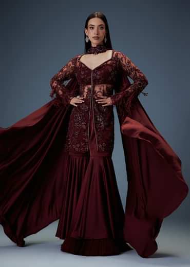 Deep Red Satin Dual Layer Gathered Sharara With Feather Sleeves Jacket And Bustier