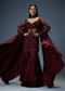 Deep Red Satin Dual Layer Gathered Sharara With Feather Sleeves Jacket And Bustier