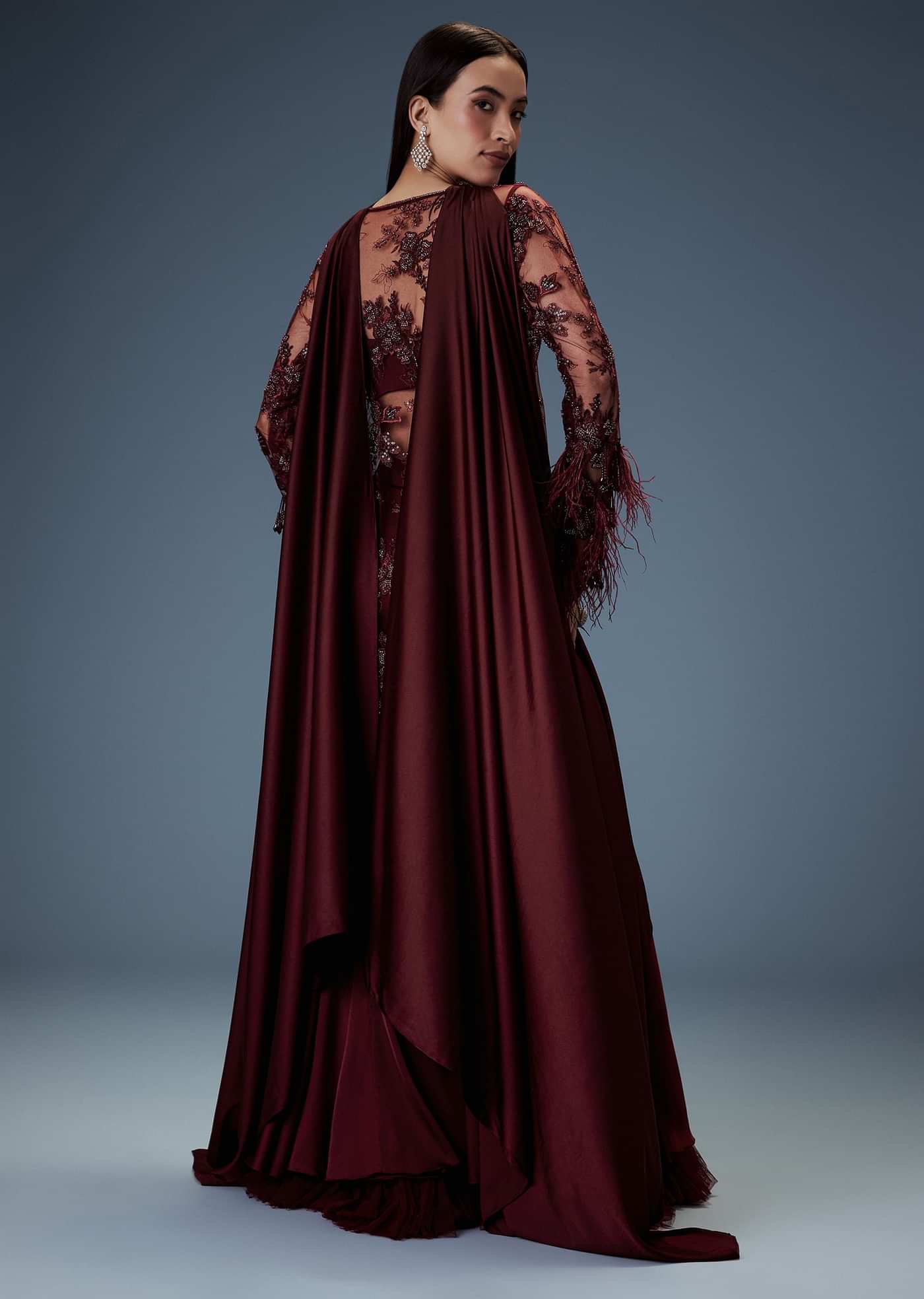 Deep Red Satin Dual Layer Gathered Sharara With Feather Sleeves Jacket And Bustier