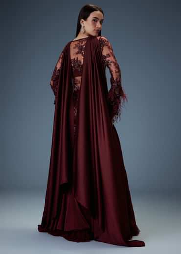 Deep Red Satin Dual Layer Gathered Sharara With Feather Sleeves Jacket And Bustier