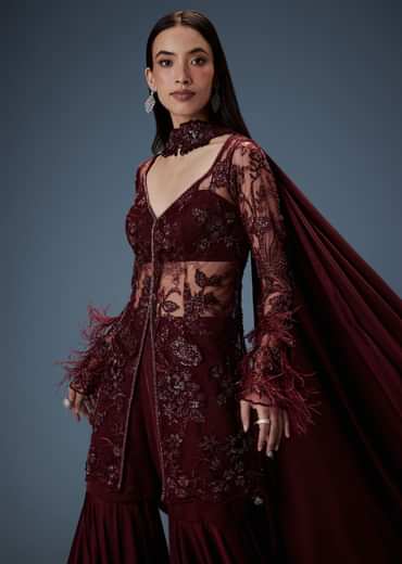 Deep Red Satin Dual Layer Gathered Sharara With Feather Sleeves Jacket And Bustier