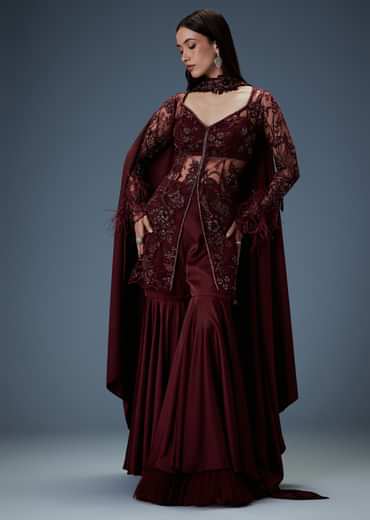 Deep Red Satin Dual Layer Gathered Sharara With Feather Sleeves Jacket And Bustier
