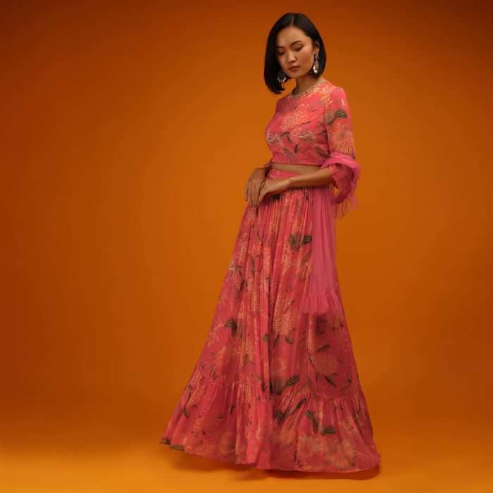 Deep Sea Coral Lehenga Choli In Georgette With Floral Print And Sequin Accents