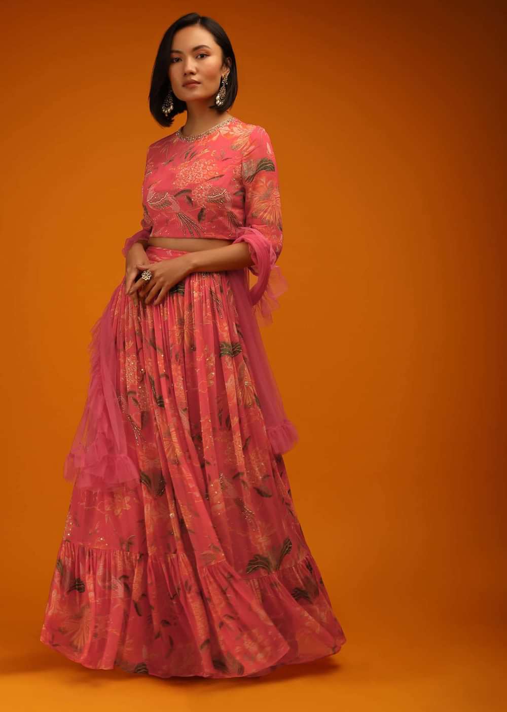 Deep Sea Coral Lehenga Choli In Georgette With Floral Print And Sequin Accents