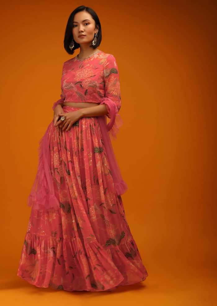 Deep Sea Coral Lehenga Choli In Georgette With Floral Print And Sequin Accents