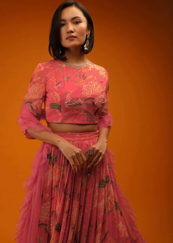 Deep Sea Coral Lehenga Choli In Georgette With Floral Print And Sequin Accents