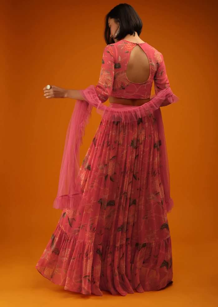Deep Sea Coral Lehenga Choli In Georgette With Floral Print And Sequin Accents