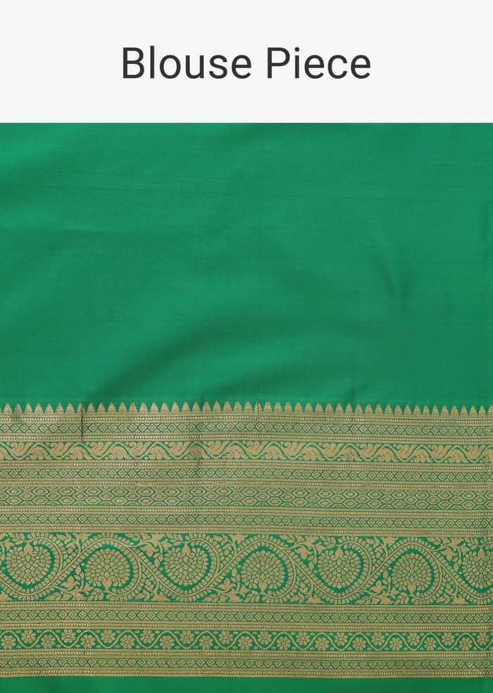 Hot Pink Kanjivaram Saree In Pure Silk With Forest Green Border And Unstitched Blouse