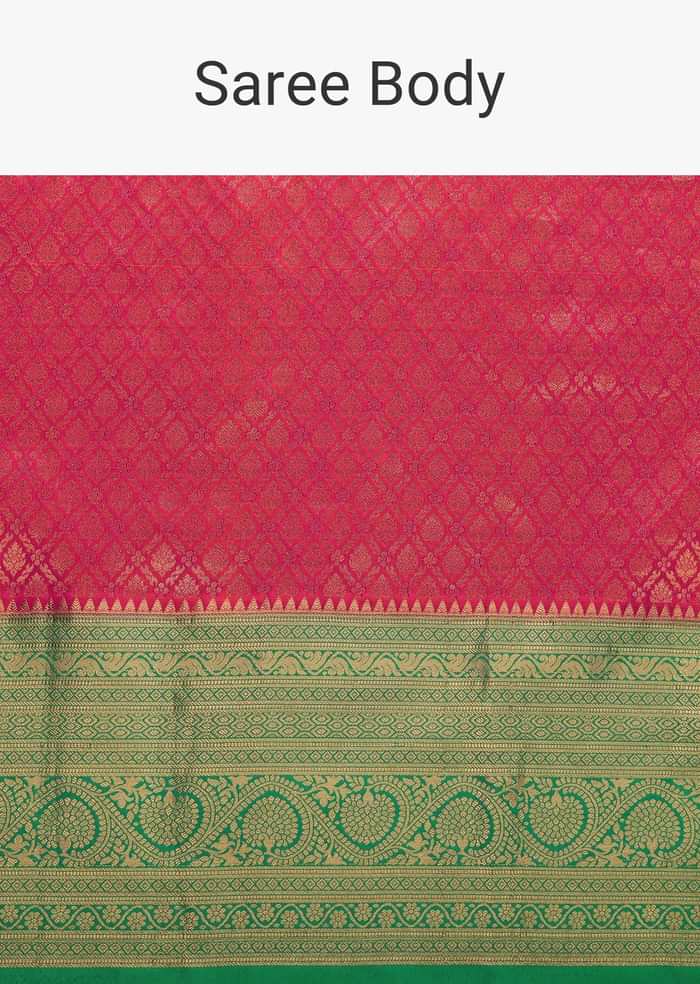 Hot Pink Kanjivaram Saree In Pure Silk With Forest Green Border And Unstitched Blouse