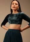 Deep Teal Blue Blouse In Velvet With Three Quarter Sleeves And Round Neckline