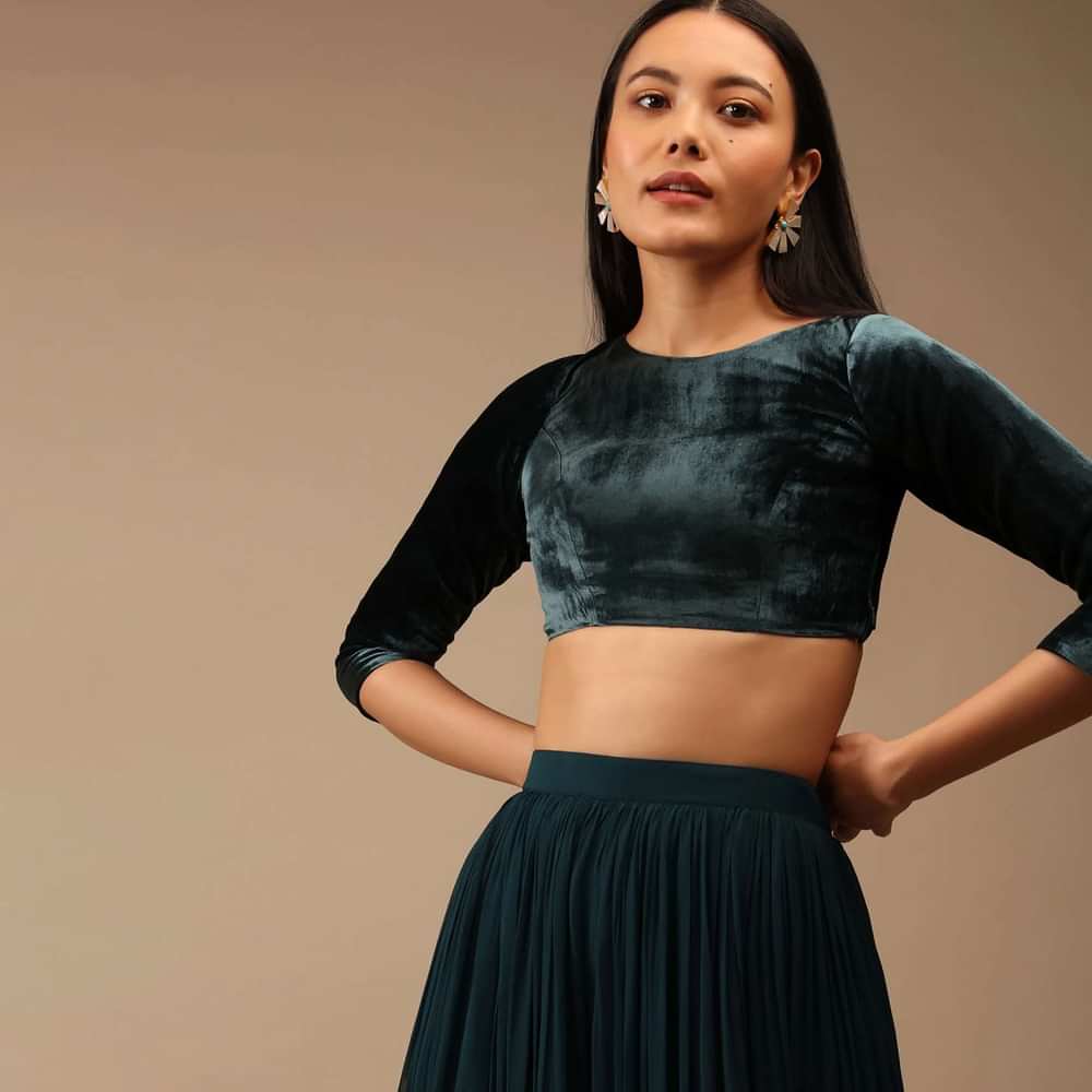 Deep Teal Blue Blouse In Velvet With Three Quarter Sleeves And Round Neckline