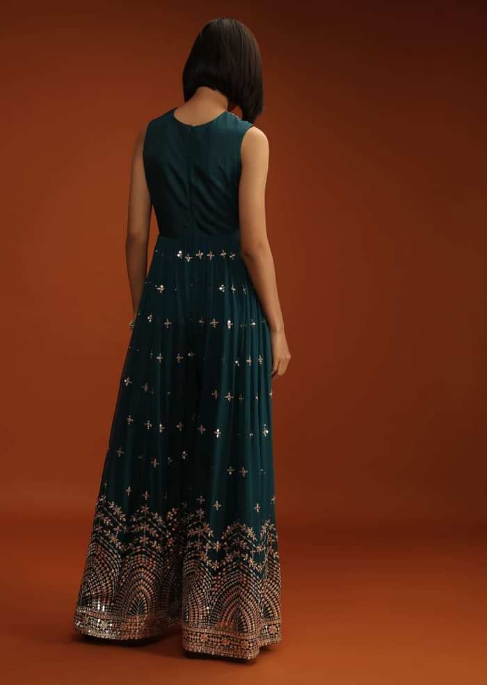 Deep Teal Blue Jumpsuit In Georgette With Zari And Sequins Embroidered Buttis And Mughal Motifs