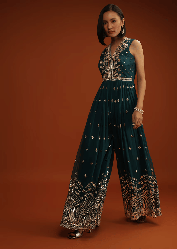 Deep Teal Blue Jumpsuit In Georgette With Zari And Sequins Embroidered Buttis And Mughal Motifs