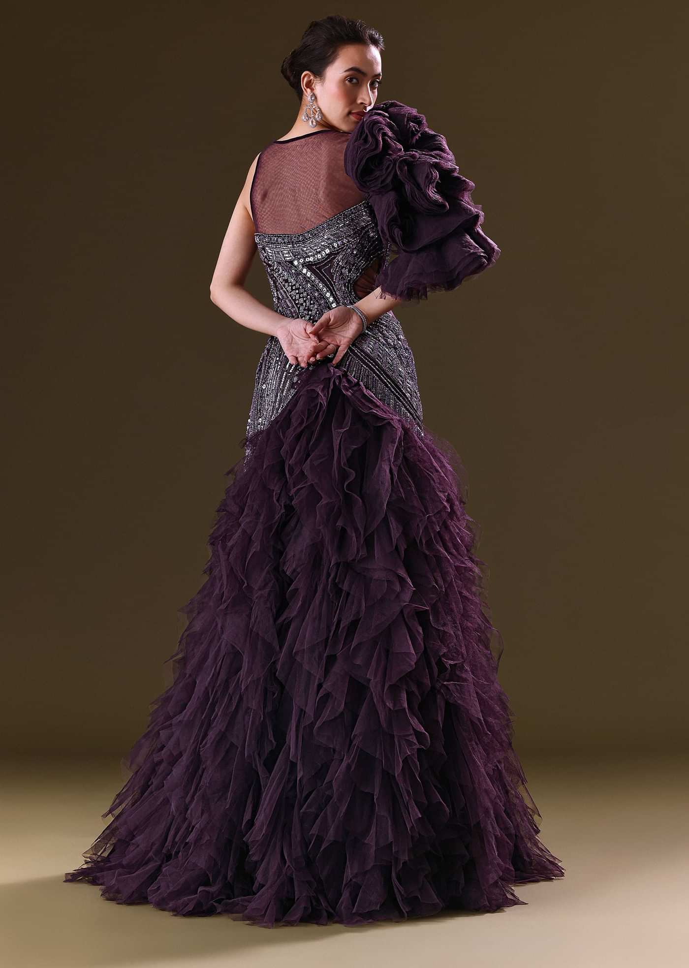 Deep Violet Mermaid Fit Asymmetric Gown With Ruffle Detailing