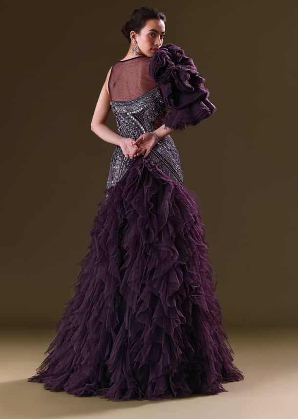 Deep Violet Mermaid Fit Asymmetric Gown With Ruffle Detailing