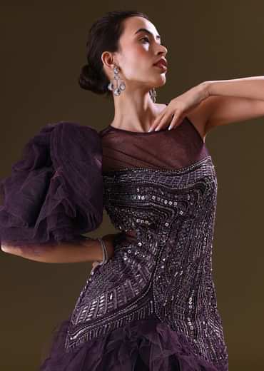 Deep Violet Mermaid Fit Asymmetric Gown With Ruffle Detailing