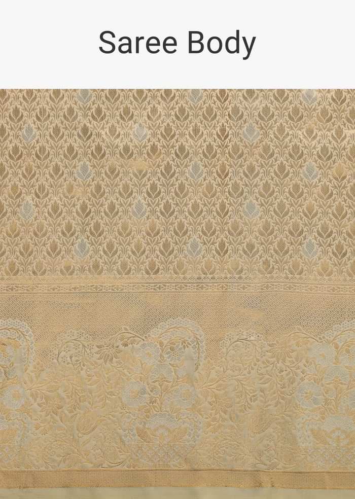 Beige White Kanjivaram Saree In Banarasi Uppada Silk With Unstitched Blouse
