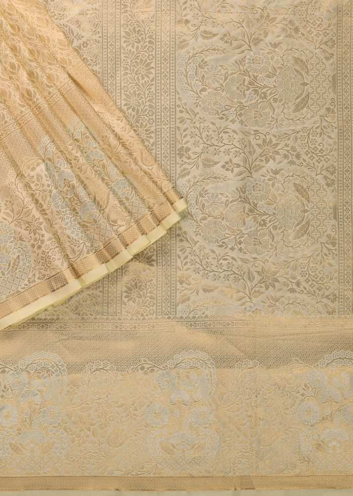 Beige White Kanjivaram Saree In Banarasi Uppada Silk With Unstitched Blouse