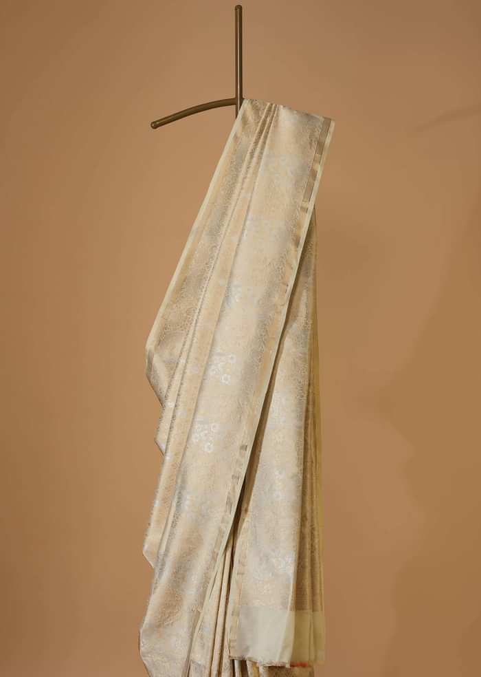 Beige White Kanjivaram Saree In Banarasi Uppada Silk With Unstitched Blouse