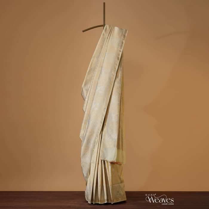 Beige White Kanjivaram Saree In Banarasi Uppada Silk With Unstitched Blouse