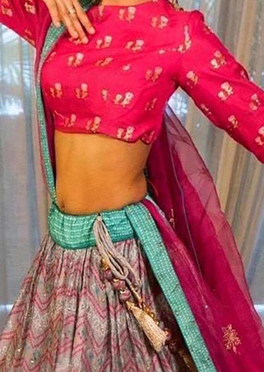 Dhanashree Verma In Kalki Grey And Pink Lehenga Choli In Silk With Bandhani Print And Floral Printed Border