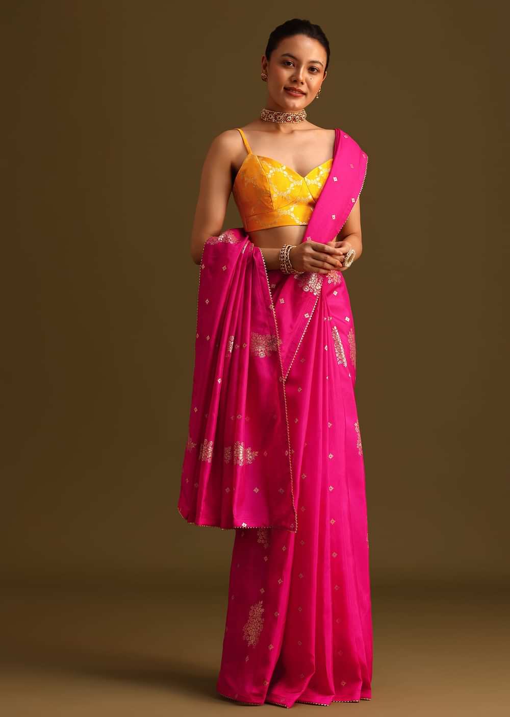 Dola Silk Rani Pink Saree With Lurex Butta And Contrast Unstitched Brocade Blouse