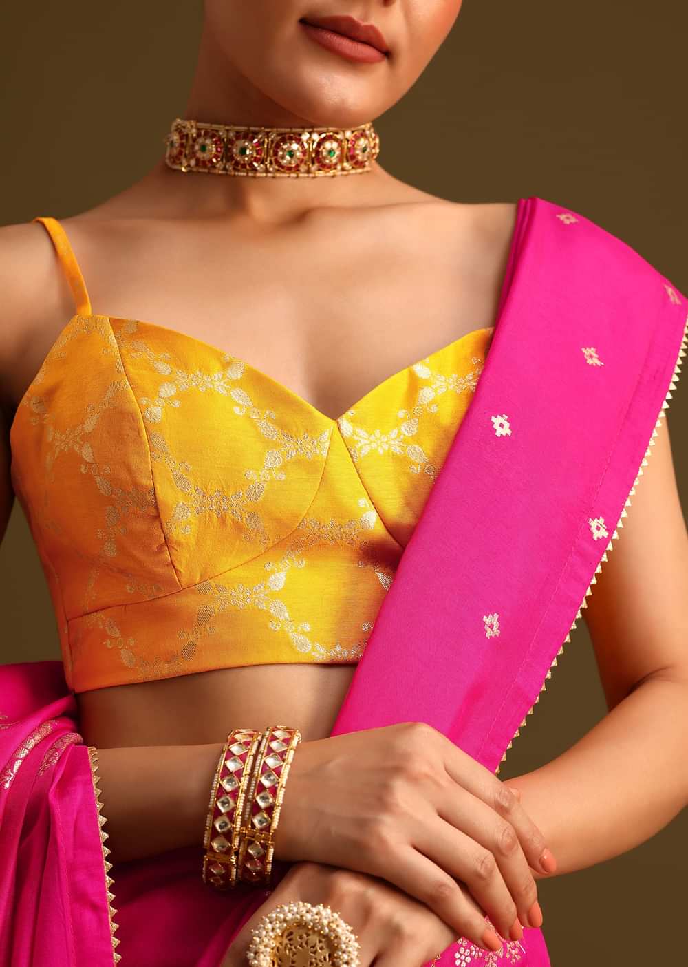 Dola Silk Rani Pink Saree With Lurex Butta And Contrast Unstitched Brocade Blouse