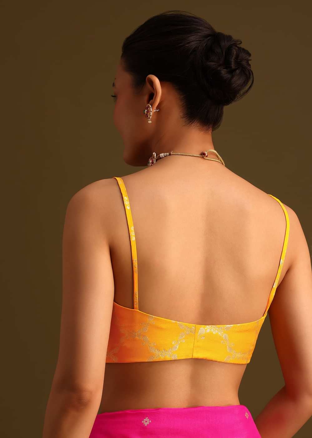 Dola Silk Rani Pink Saree With Lurex Butta And Contrast Unstitched Brocade Blouse