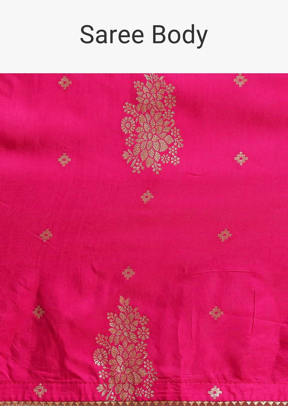 Dola Silk Rani Pink Saree With Lurex Butta And Contrast Unstitched Brocade Blouse