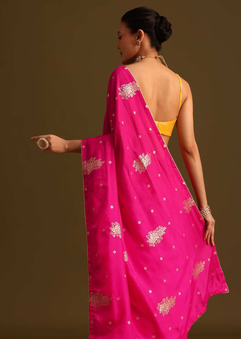 Dola Silk Rani Pink Saree With Lurex Butta And Contrast Unstitched Brocade Blouse