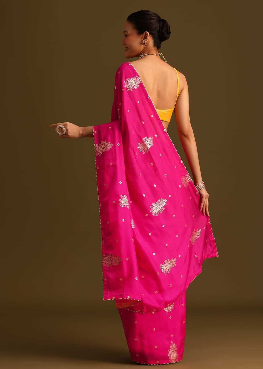 Dola Silk Rani Pink Saree With Lurex Butta And Contrast Unstitched Brocade Blouse