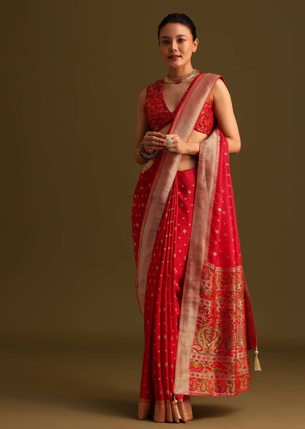 Dola Silk Red Bandhani Saree With Meenakari Border Pallu And Unstitched Blouse