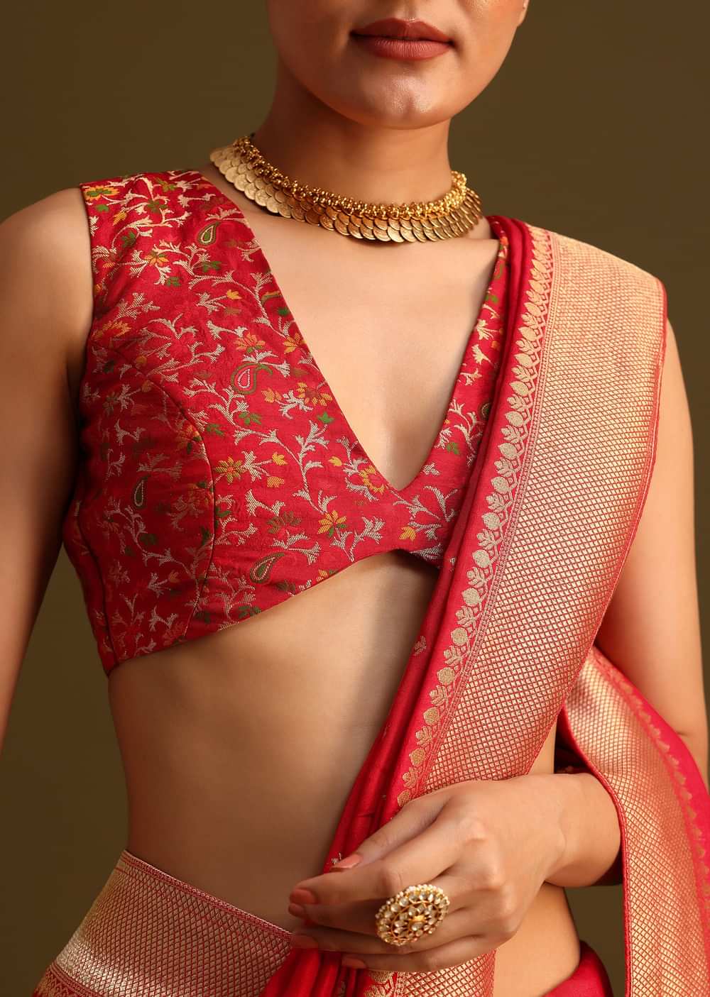 Dola Silk Red Bandhani Saree With Meenakari Border Pallu And Unstitched Blouse