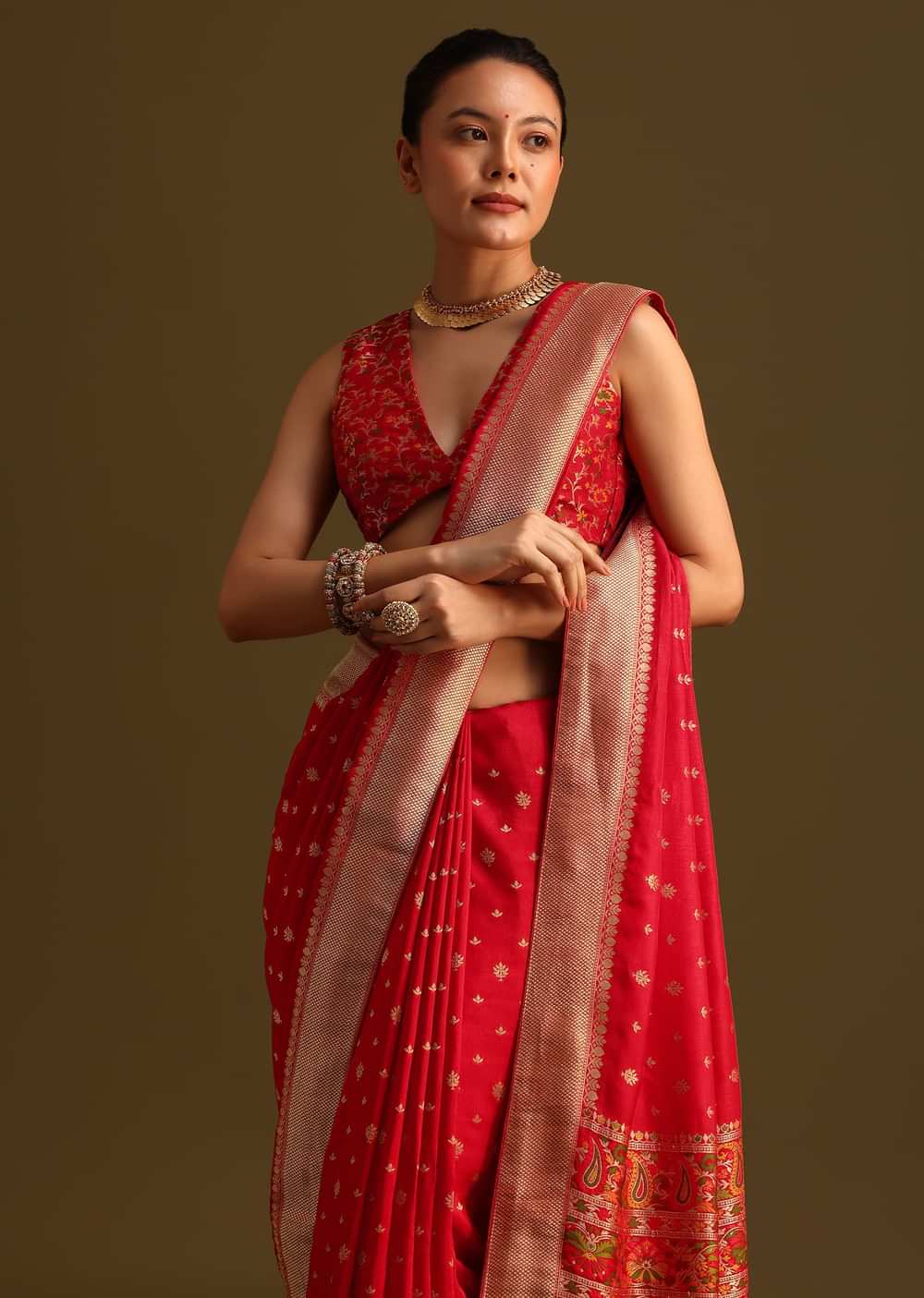Dola Silk Red Bandhani Saree With Meenakari Border Pallu And Unstitched Blouse