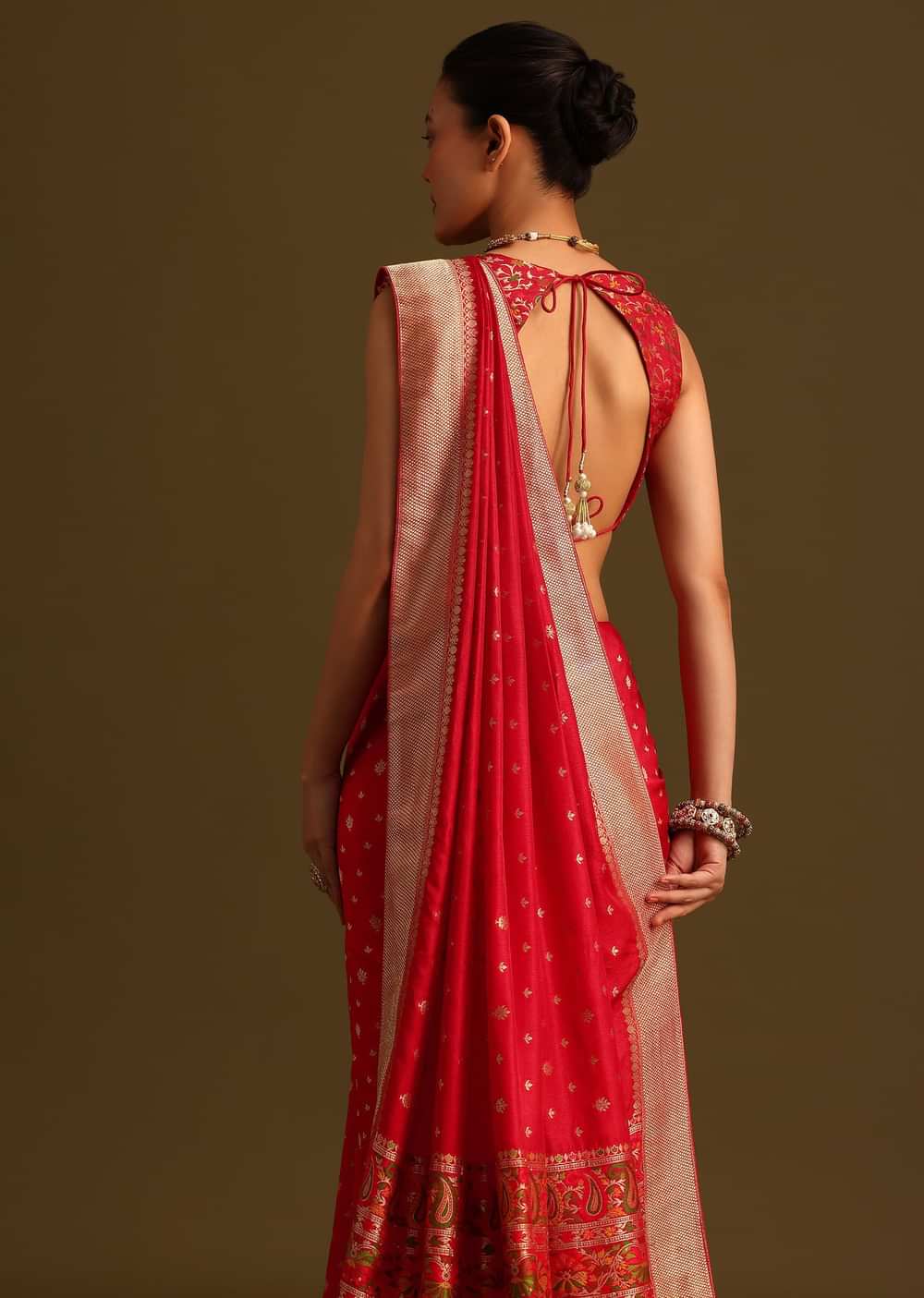 Dola Silk Red Bandhani Saree With Meenakari Border Pallu And Unstitched Blouse