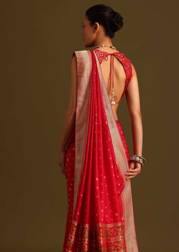 Dola Silk Red Bandhani Saree With Meenakari Border Pallu And Unstitched Blouse