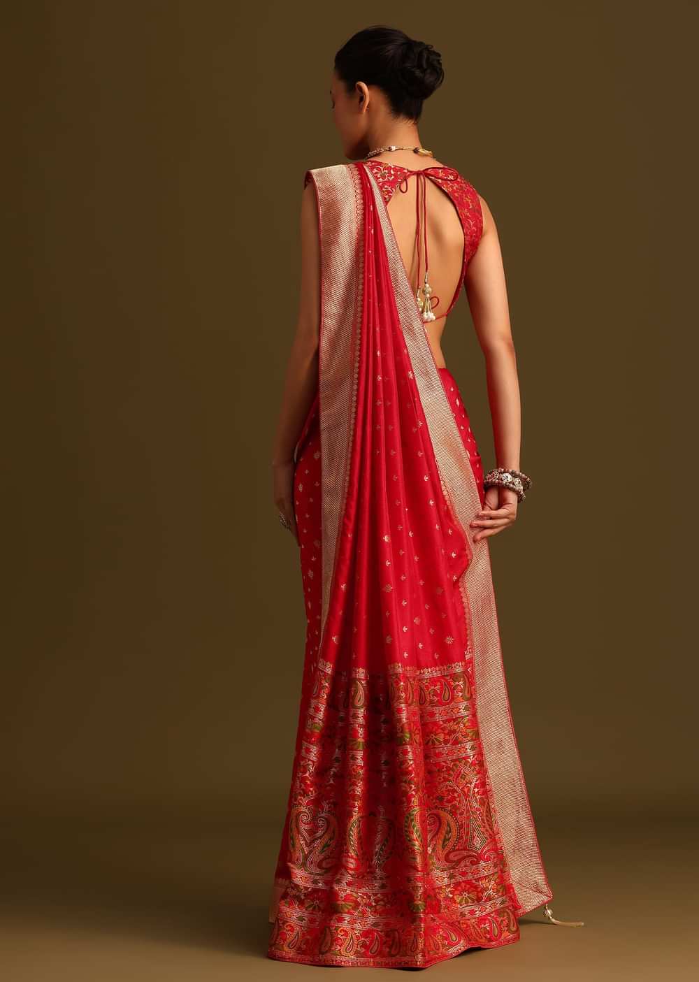 Dola Silk Red Bandhani Saree With Meenakari Border Pallu And Unstitched Blouse