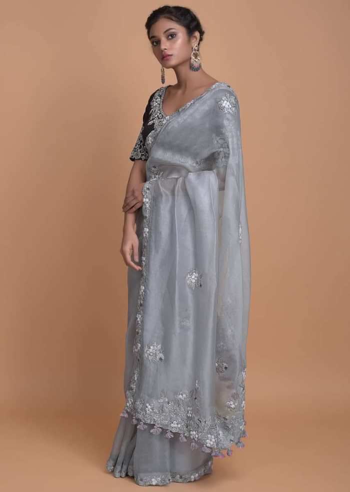 Dolphin Grey Saree In Organza With Embroidered Buttis And Border Online - Kalki Fashion