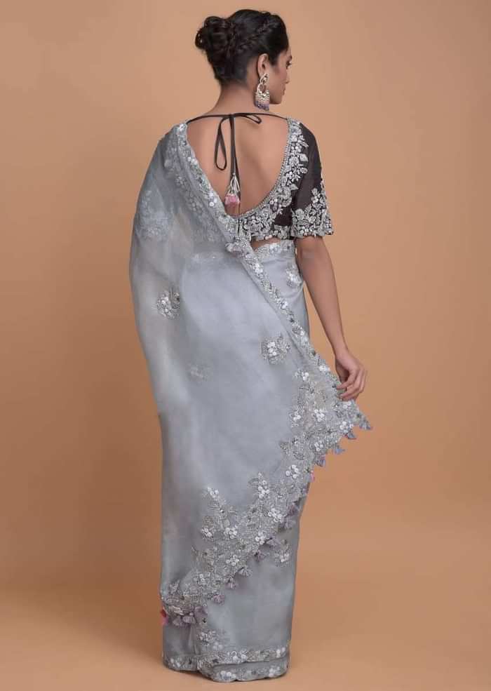 Dolphin Grey Saree In Organza With Embroidered Buttis And Border Online - Kalki Fashion