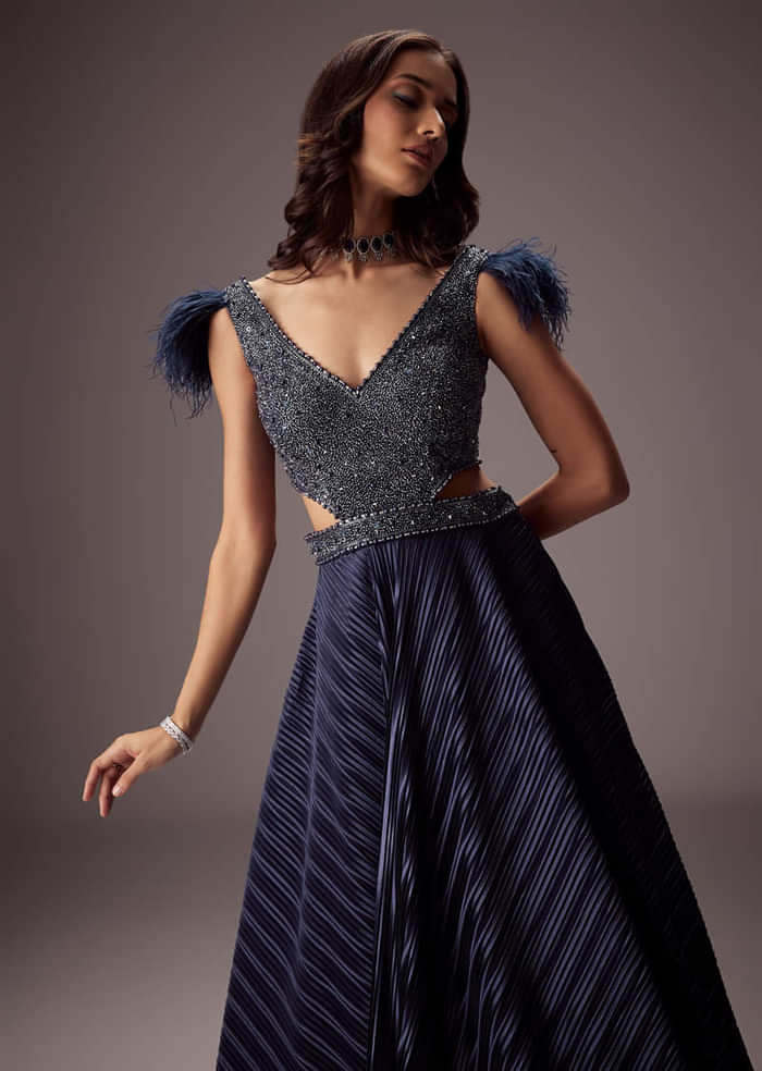 Double Ghera Navy Gown With Feather Accents